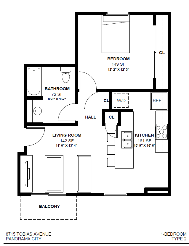 A black and white image of a floor plan for a 1-bedroom type 2 apartment.